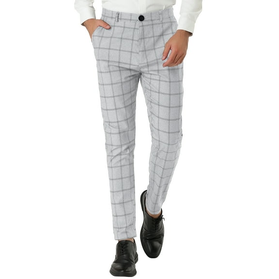 Unique Bargains Men's Slim Fit Plaid Business Pants Trousers with Pockets 30 Light Grey
