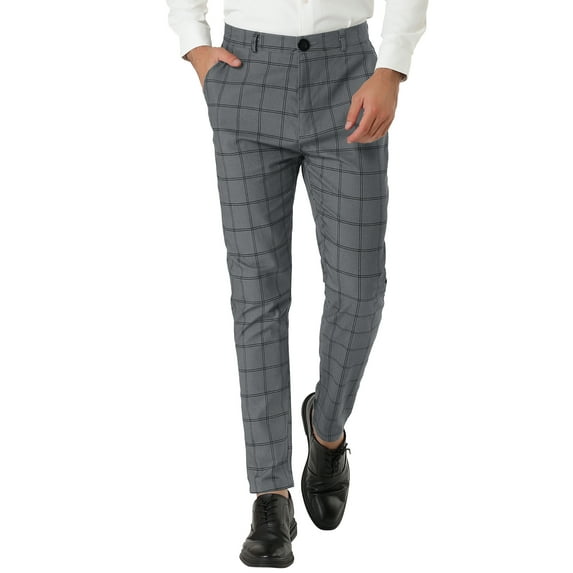 Unique Bargains Men's Slim Fit Plaid Business Pants Trousers with Pockets 36 Dark Gray
