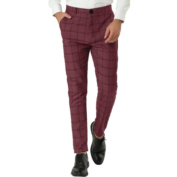 Unique Bargains Men's Slim Fit Plaid Business Pants Trousers with Pockets 36 Burgundy