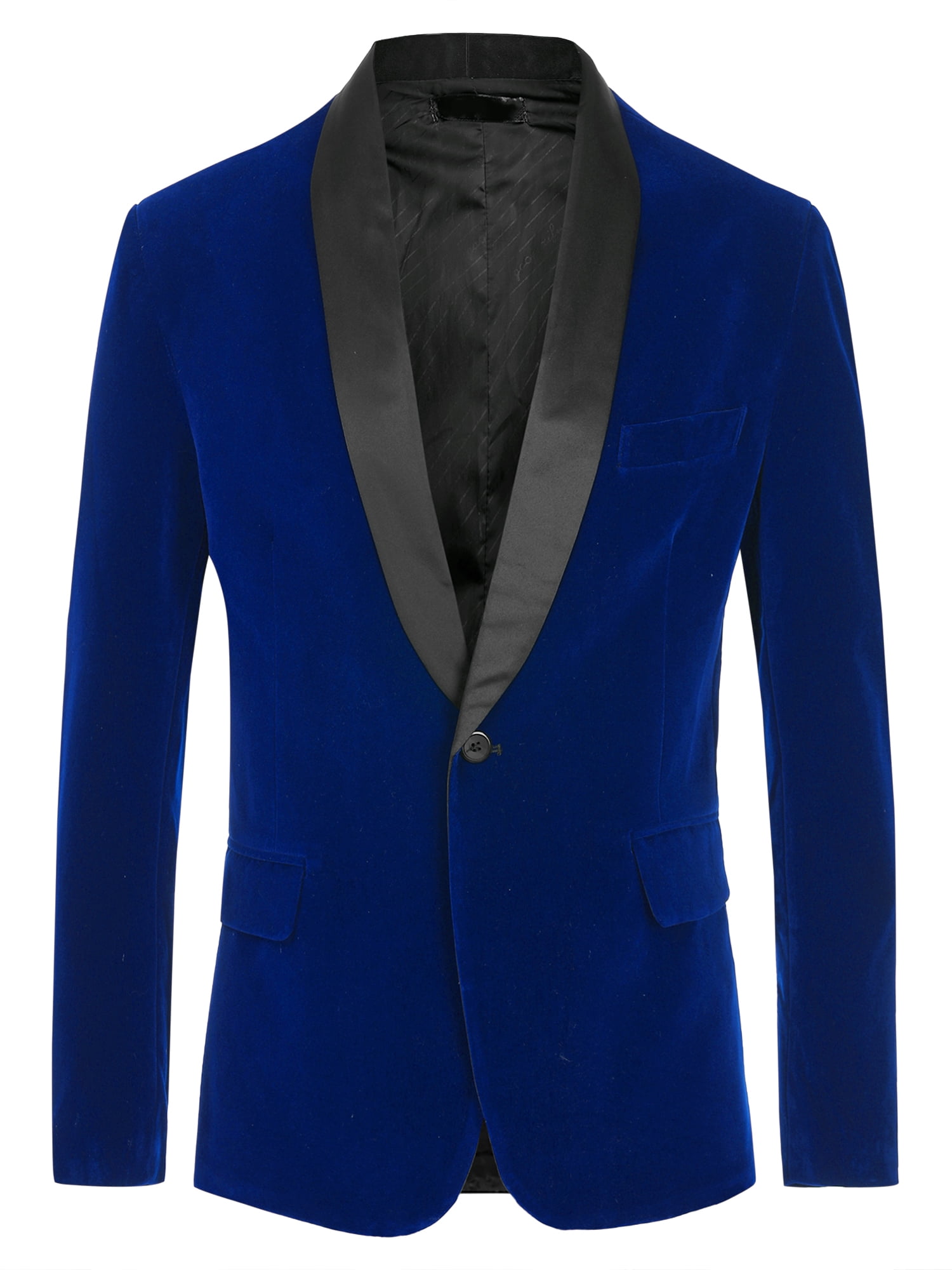 Unique Bargains Men's Slim Fit Shawl Lapel One Button Wedding Velvet Tuxedo Blazer L Blue