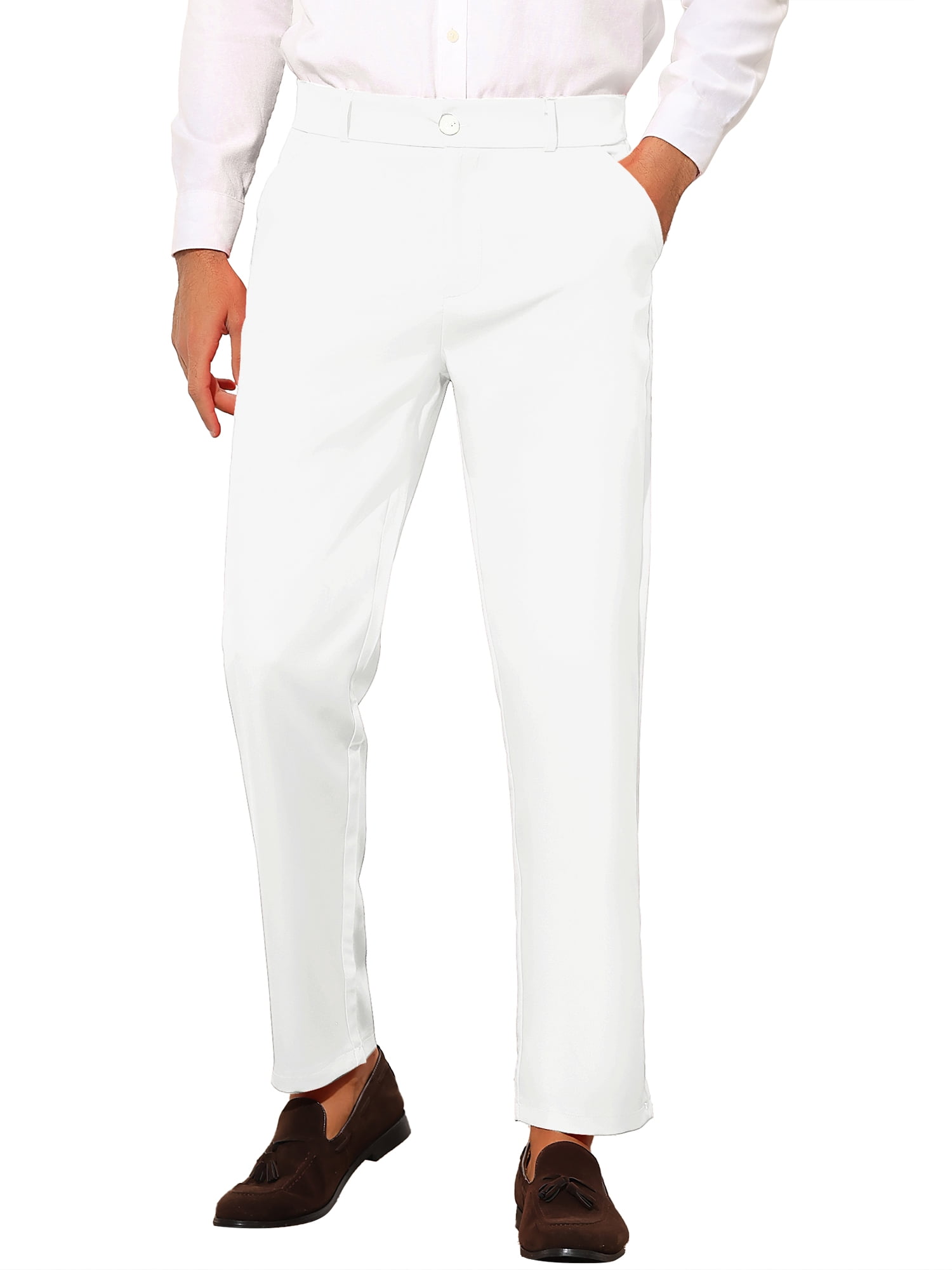 Unique Bargains Men's Slim Fit Trousers Flat Front Solid Color Business Pants 30 White