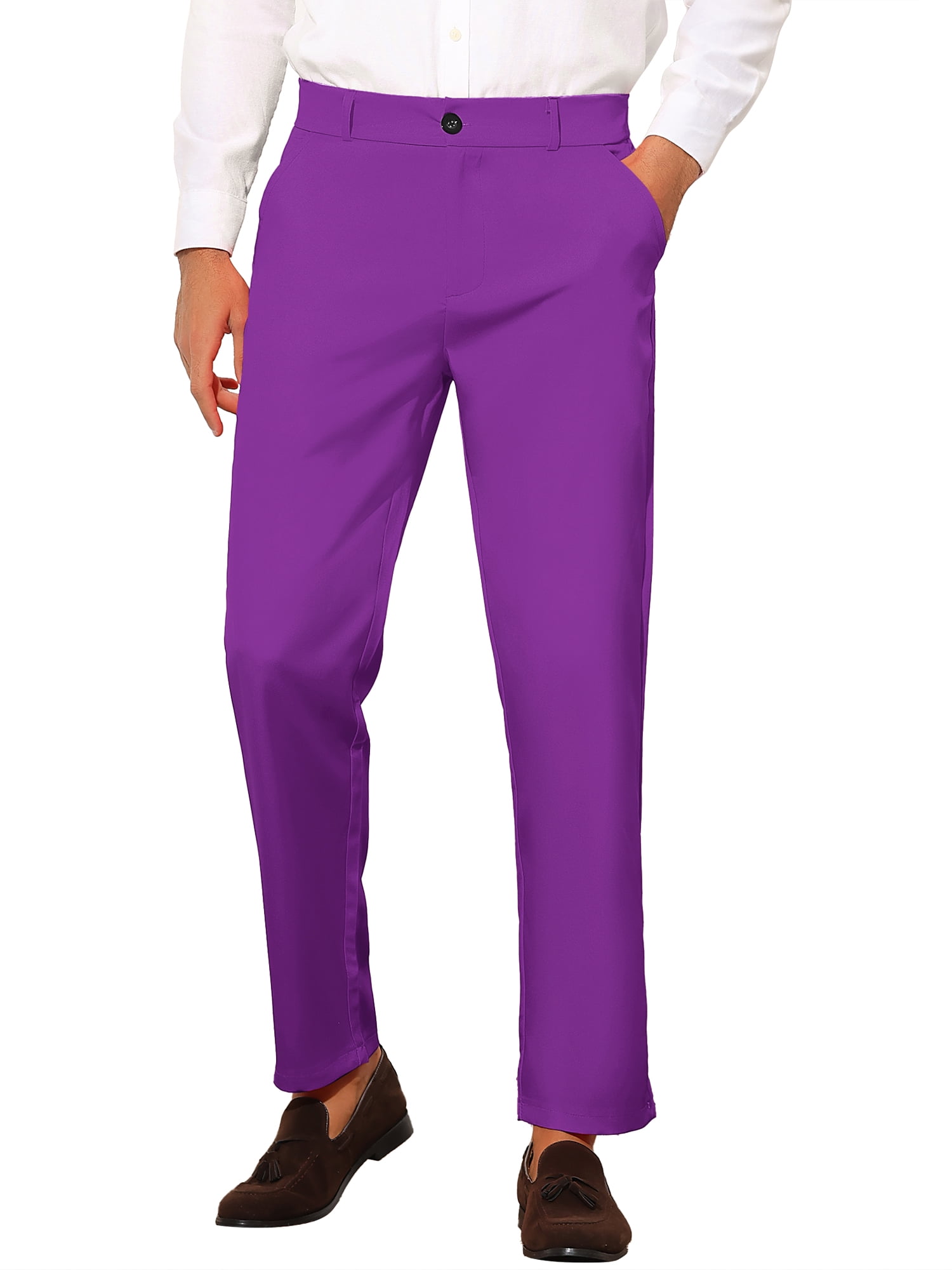 Unique Bargains Men's Slim Fit Trousers Flat Front Solid Color Business Pants 32 Purple