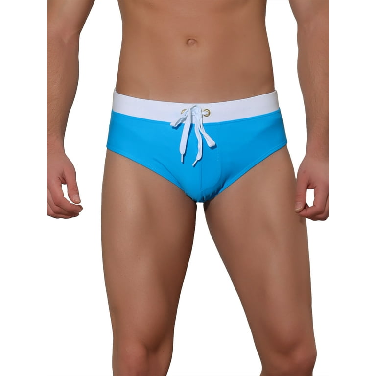 Unique Bargains Men s Solid Color Drawstring Waist Pool Sport Swimwear Briefs 30 Light Blue