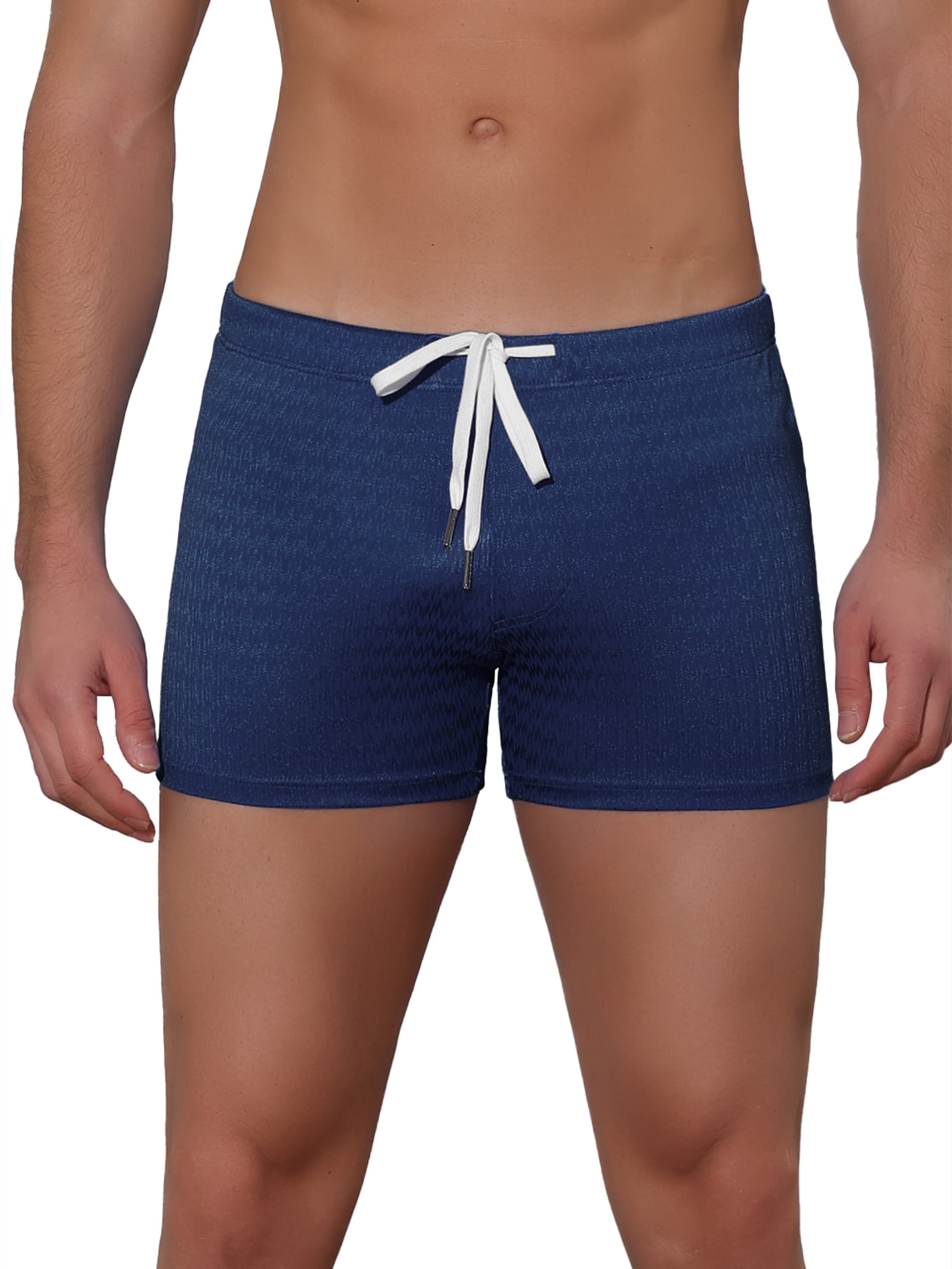 Unique Bargains Men's Solid Color Drawstring Waist Summer Beach Pool Swim Trunks 30 Navy