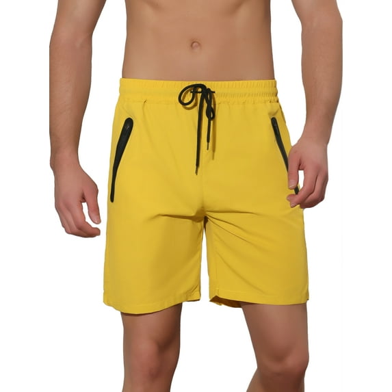 Unique Bargains Men's Solid Color Elastic Waistband Lightweight Swimwear Shorts 30 Yellow