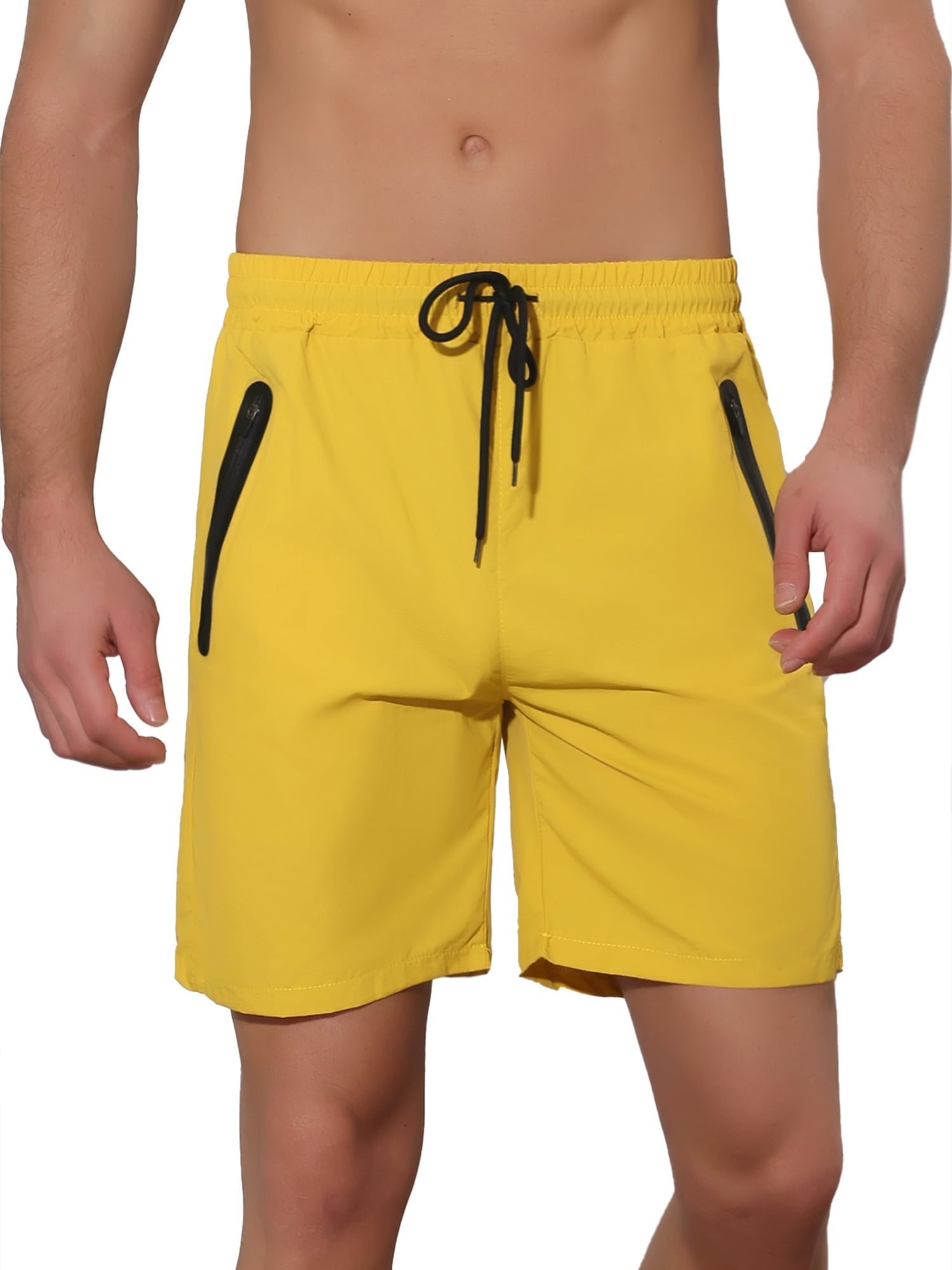 Unique Bargains Men's Solid Color Elastic Waistband Lightweight Swimwear Shorts 34 Yellow