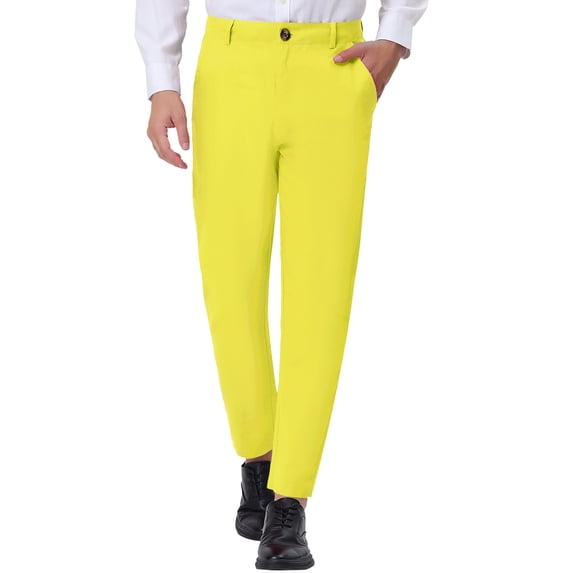 Unique Bargains Men's Solid Color Slacks Straight Fit Flat Front Chino Dress Pants 32 Yellow