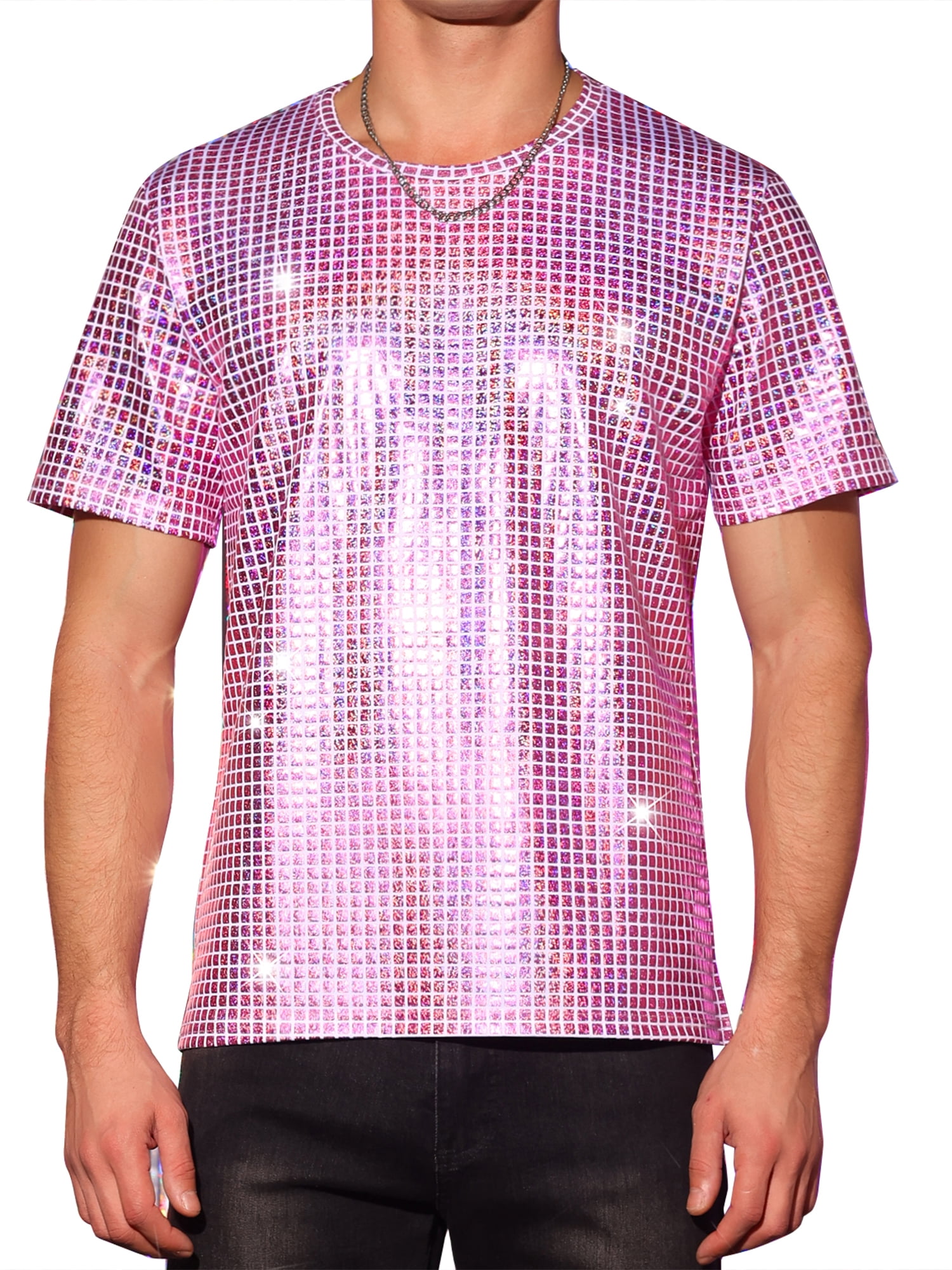 DARING DIVA Men's Metallic Round Neck Short Sleeves Sparkle Glitter T-Shirt S Pink