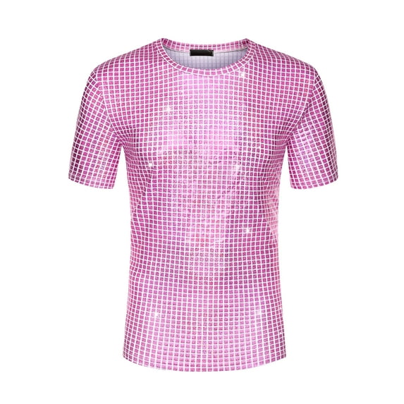 Unique Bargains Men's Sparkle T-Shirt Round Neck Short Sleeves Nightclub Metallic Tee S Pink