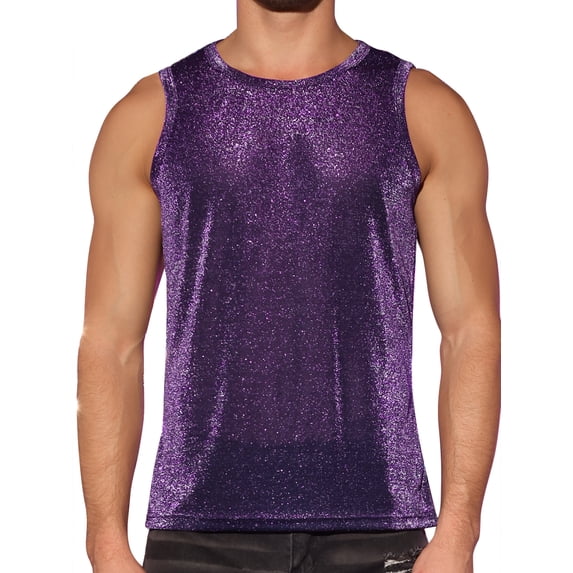 DARING DIVA Men's Glitter Tank Top Slim Fit Sleeveless Disco See Through Sparkly Vest S Purple