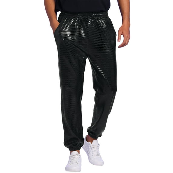 Unique Bargains Men's Sparkly Metallic Pants Drawstring Waist Nightclub Sequin Joggers 34 Black