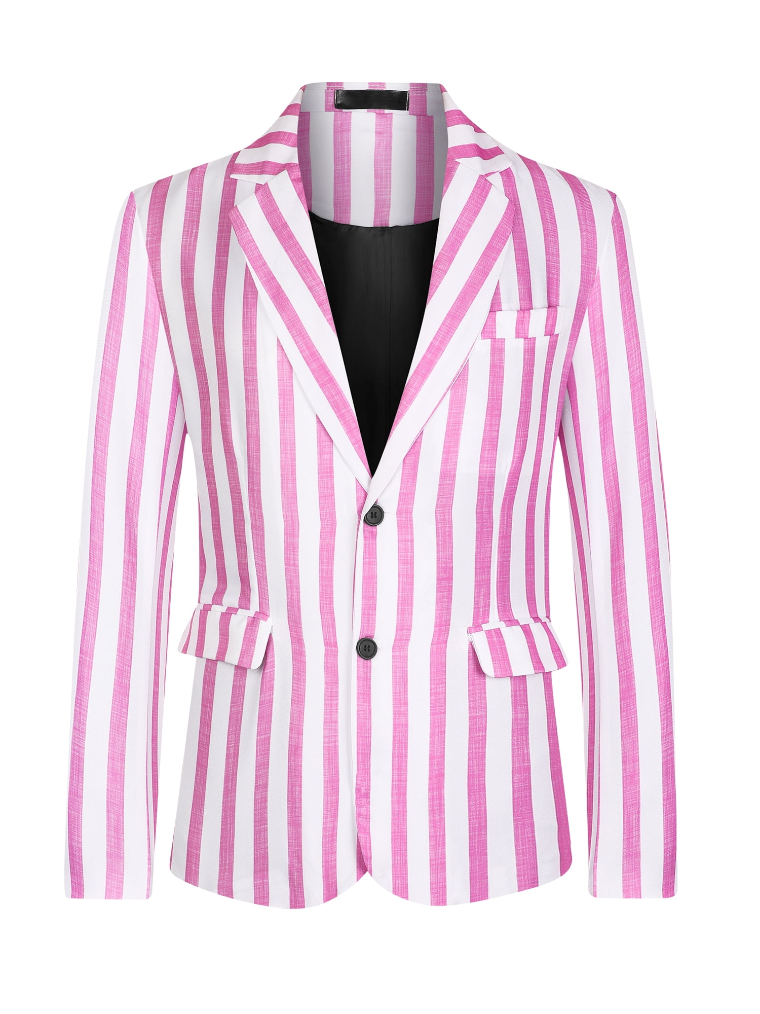 Unique Bargains Men's Sports Coat Notch Lapel Color Block Stripes Pattern Blazer 2XL Pink