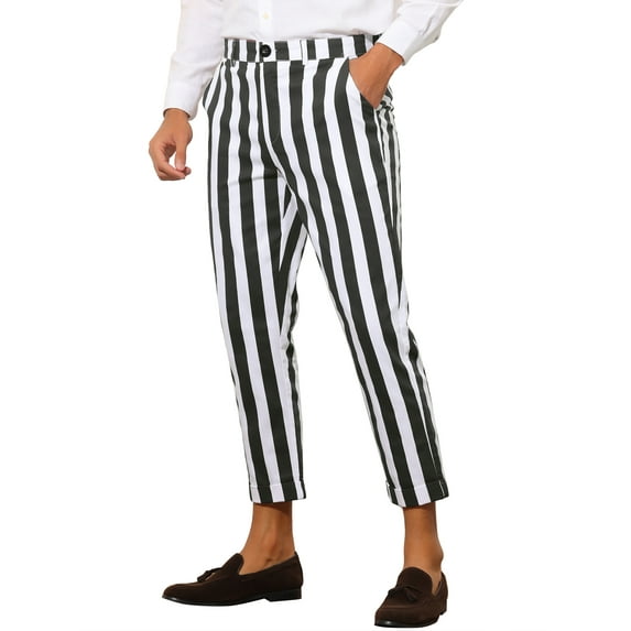 Unique Bargains Men's Striped Business Pants Slim Fit Flat Front Cropped Pants 38 Black White