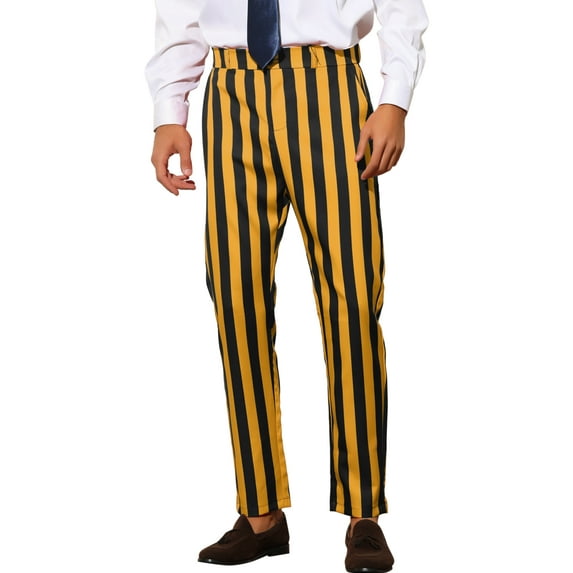 Unique Bargains Men's Striped Dress Pants Big & Tall Flat Front Business Trousers 38 Yellow Black