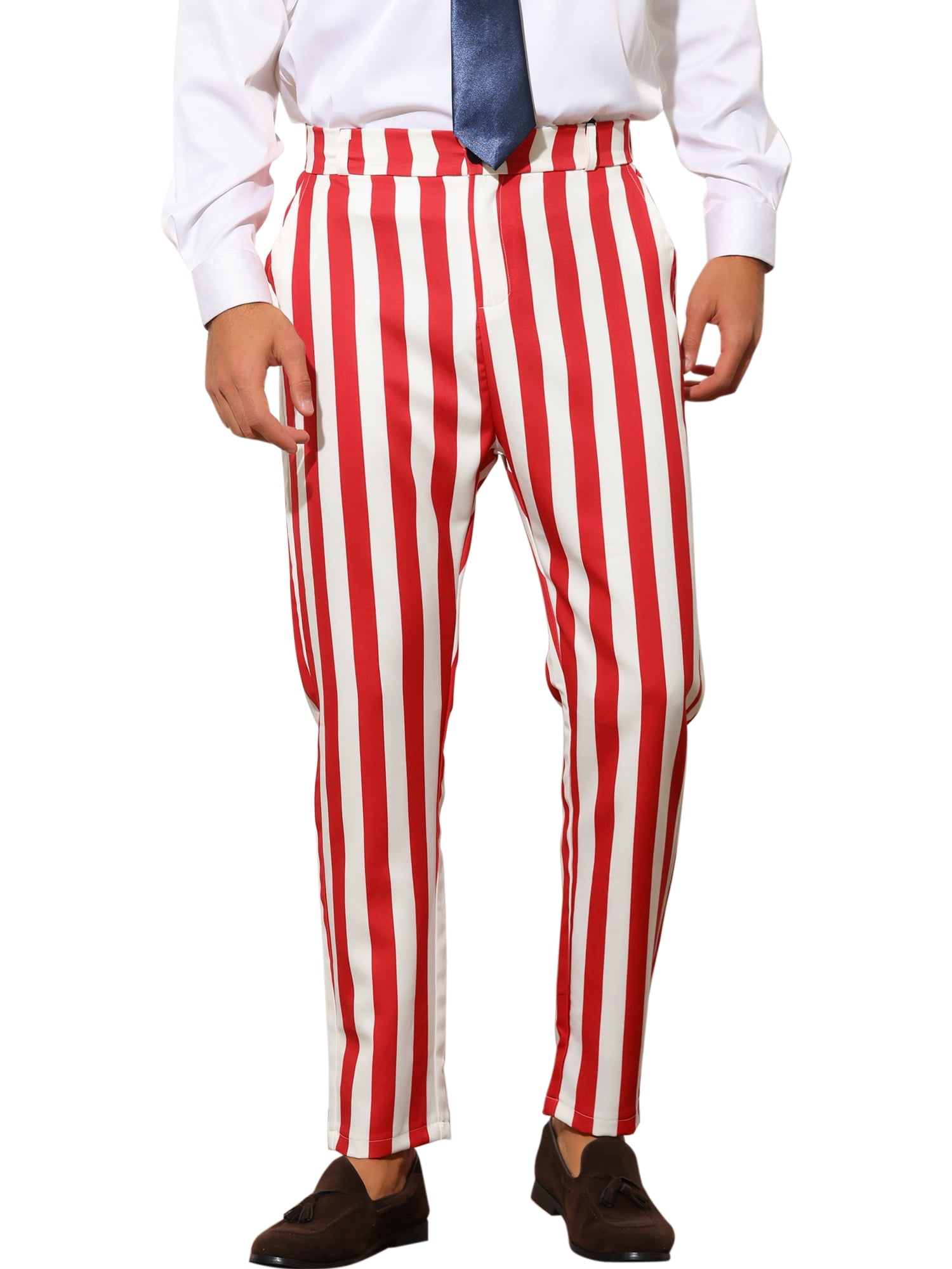 Unique Bargains Men's Striped Dress Pants Big & Tall Flat Front Business Trousers 40 Red White