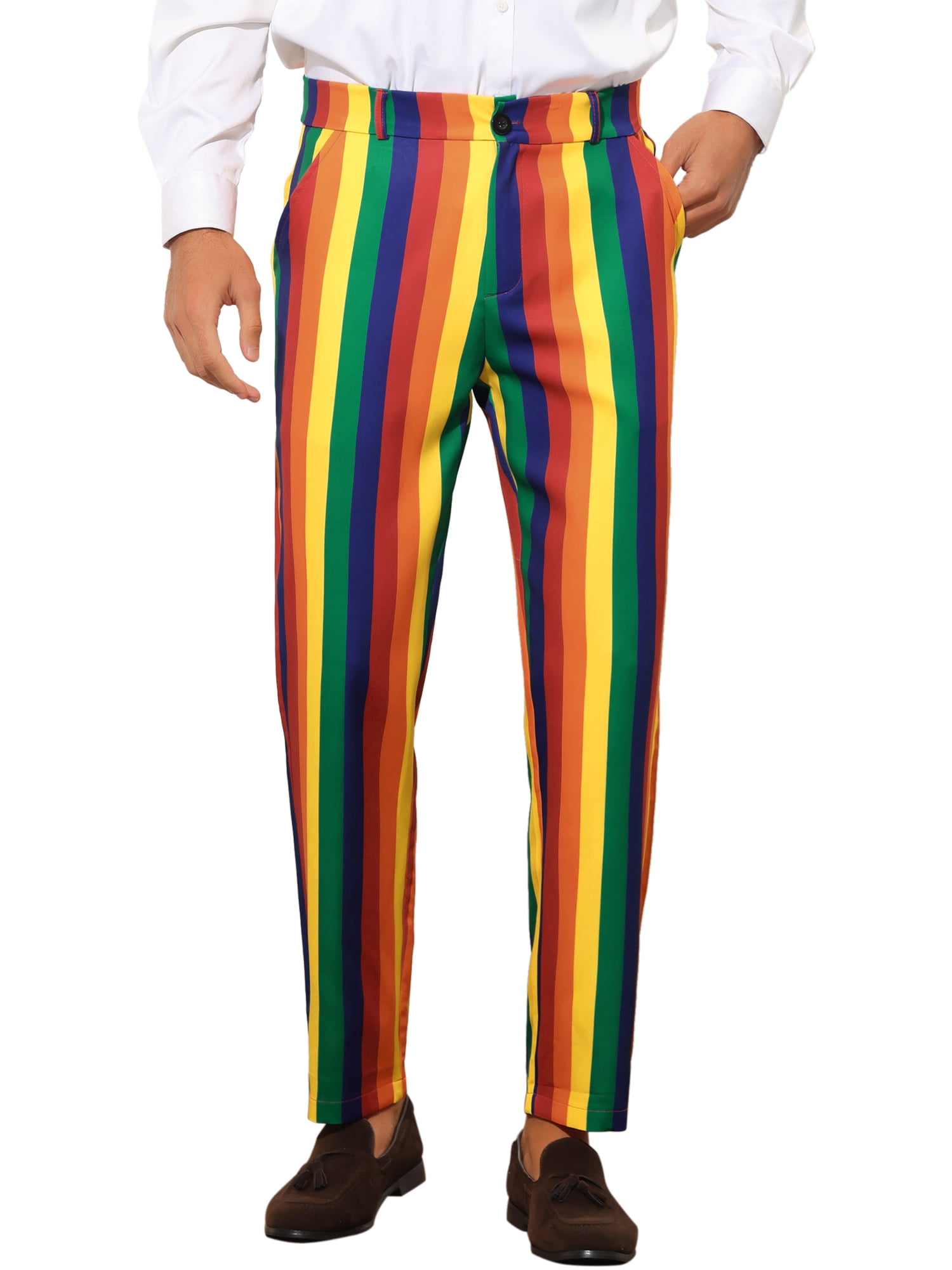 Unique Bargains Men s Striped Dress Pants Color Block Rainbow Stripe Trousers 36 Rainbow Walmart