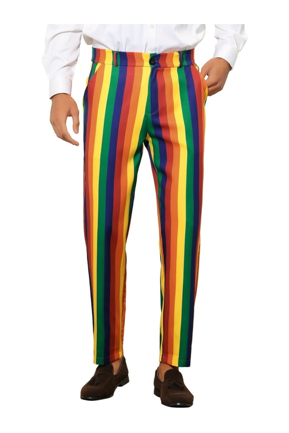 Men's Striped Dress Pants Color Block Rainbow Stripe Trousers 28 Blue Red