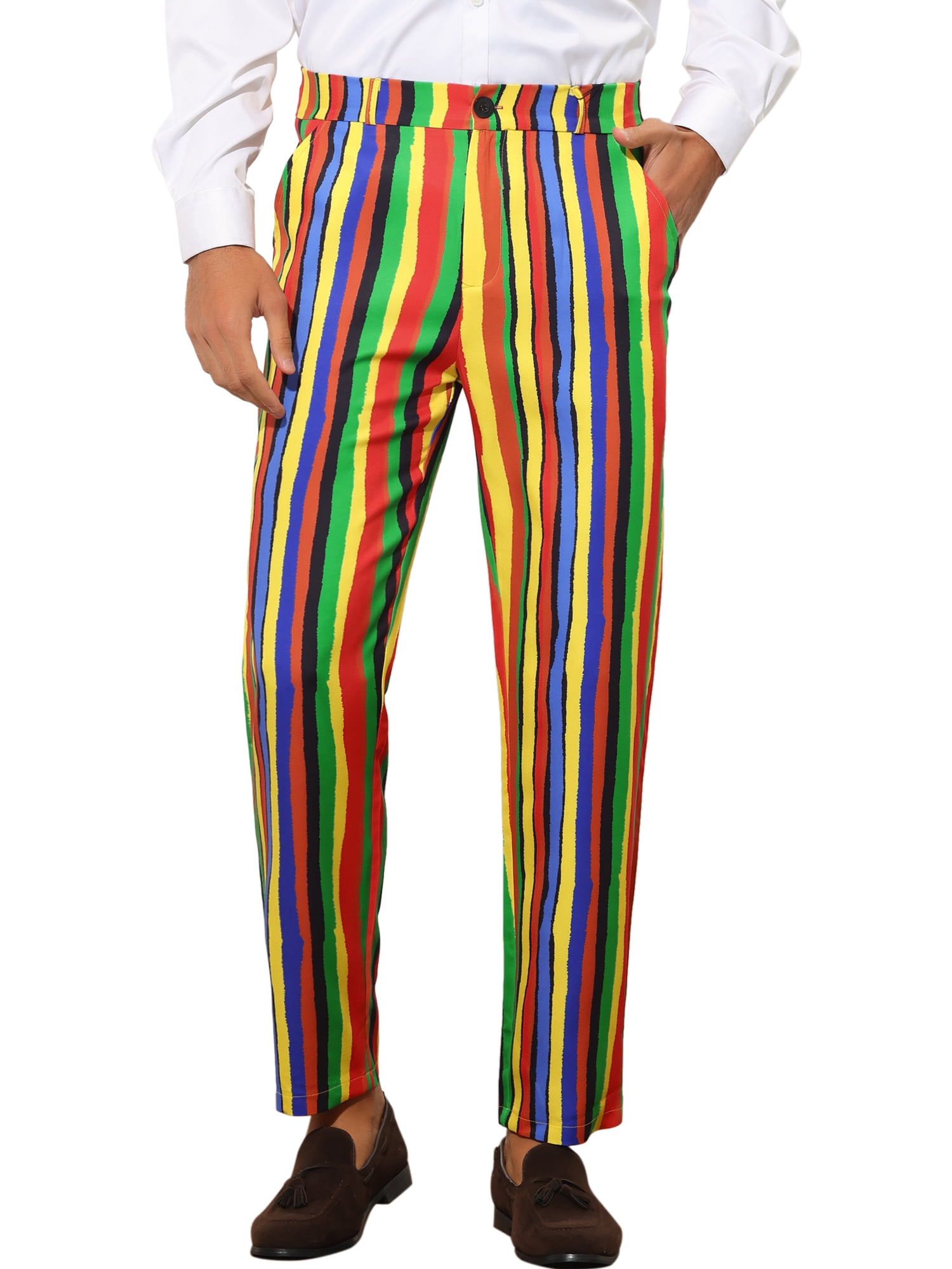 Unique Bargains Men's Striped Dress Pants Color Block Rainbow Stripe Trousers 28 Multicolor