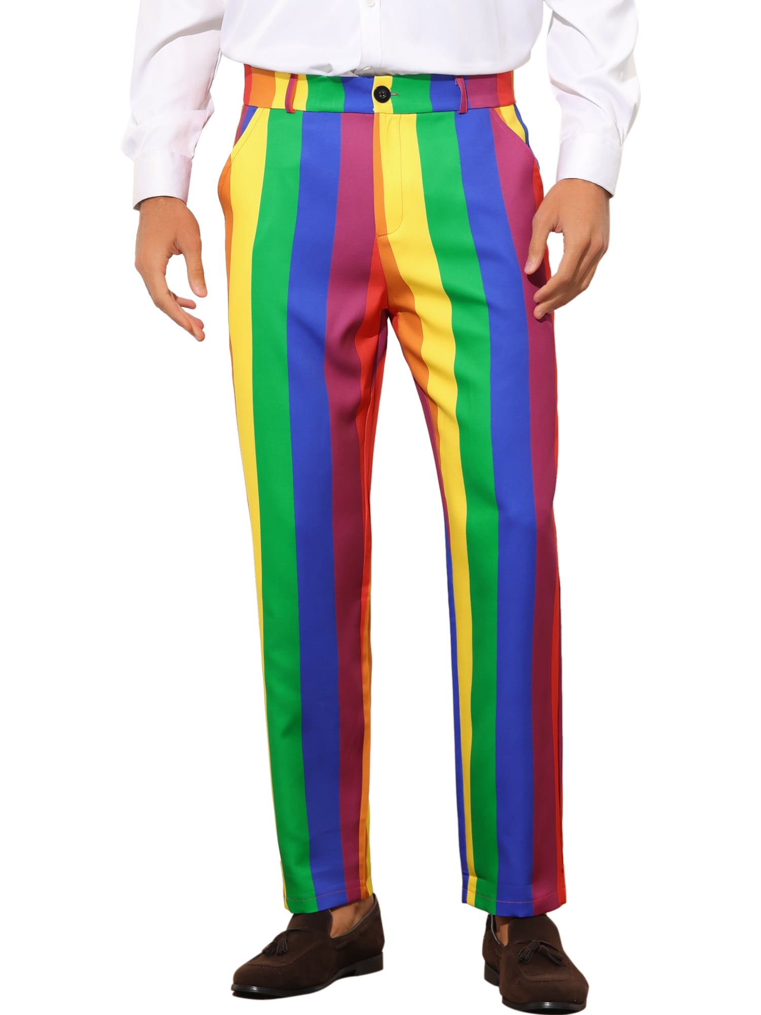 Unique Bargains Men's Striped Dress Pants Color Block Rainbow Stripe Trousers 30 Rainbow