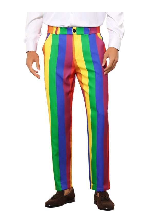 Men's Striped Dress Pants Color Block Rainbow Stripe Trousers 36 Rainbow