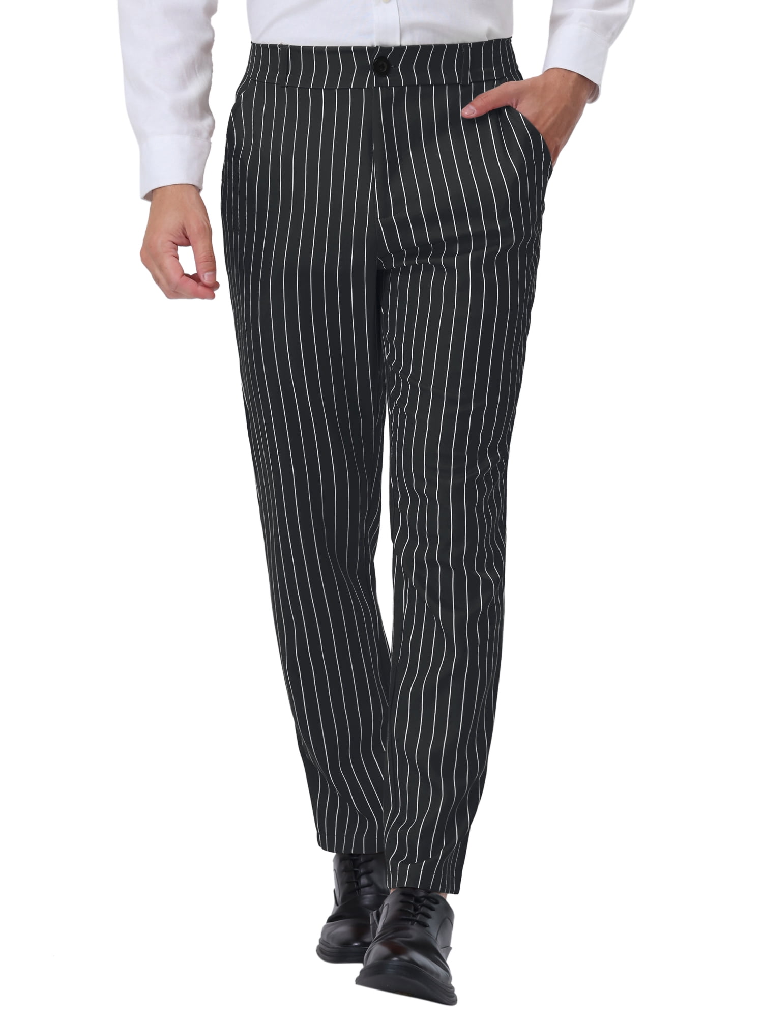 Unique Bargains Men's Striped Dress Pants Straight Fit Color Block Office Suit Trousers 28 Black