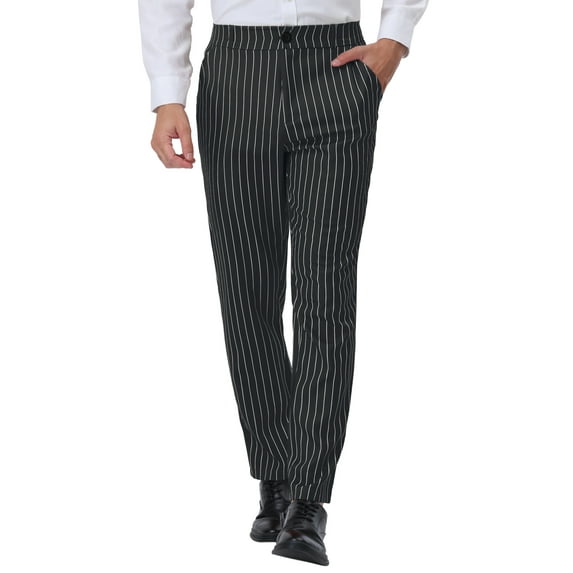 Unique Bargains Men's Striped Dress Pants Straight Fit Color Block Office Suit Trousers 32 Black