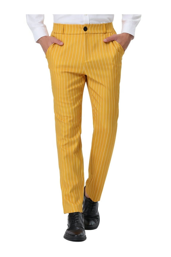 Men's Striped Dress Pants Straight Fit Color Block Office Suit Trousers 36 Yellow White