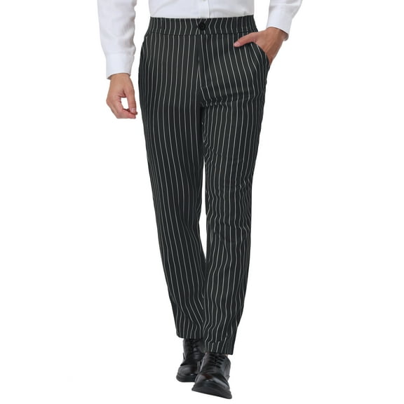 Unique Bargains Men's Striped Dress Pants Straight Fit Color Block Office Suit Trousers 38 Black