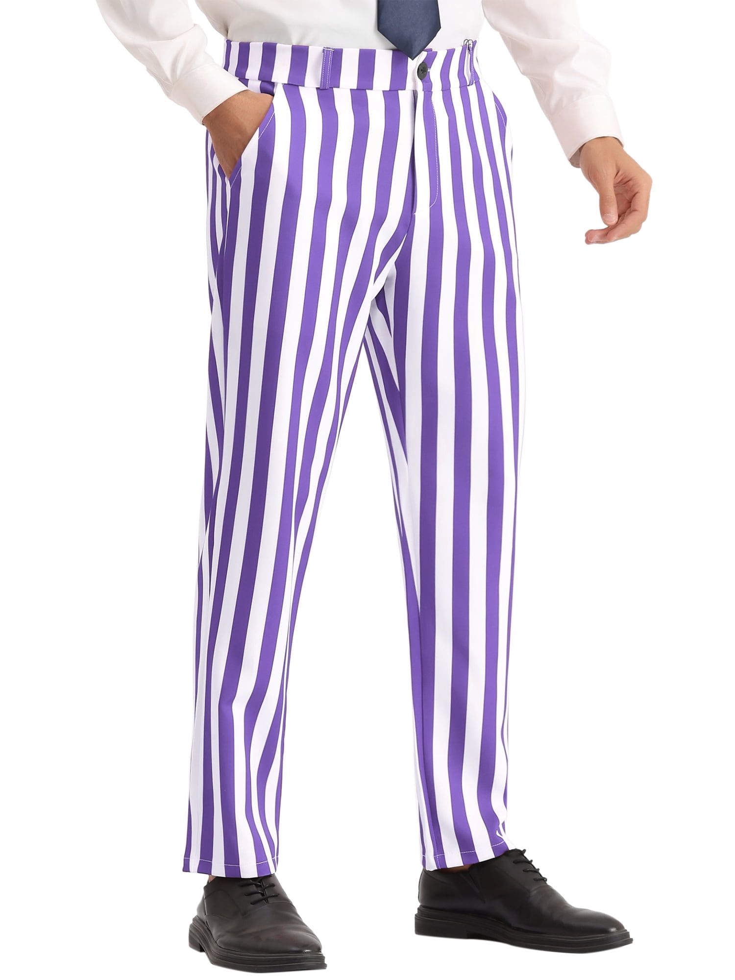 DARING DIVA Men's Striped Dress Pants Straight Leg Color Block Business Trousers 28 Purple White