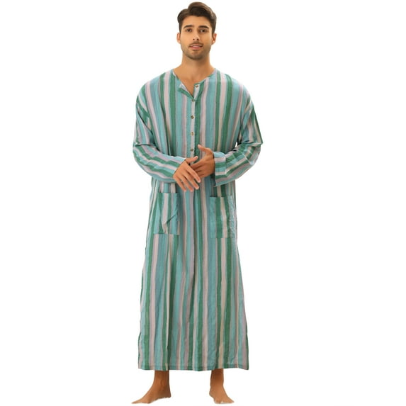 Unique Bargains Men's Striped Nightshirt Long Sleeves Button Nightgown Henley Shirts S Green