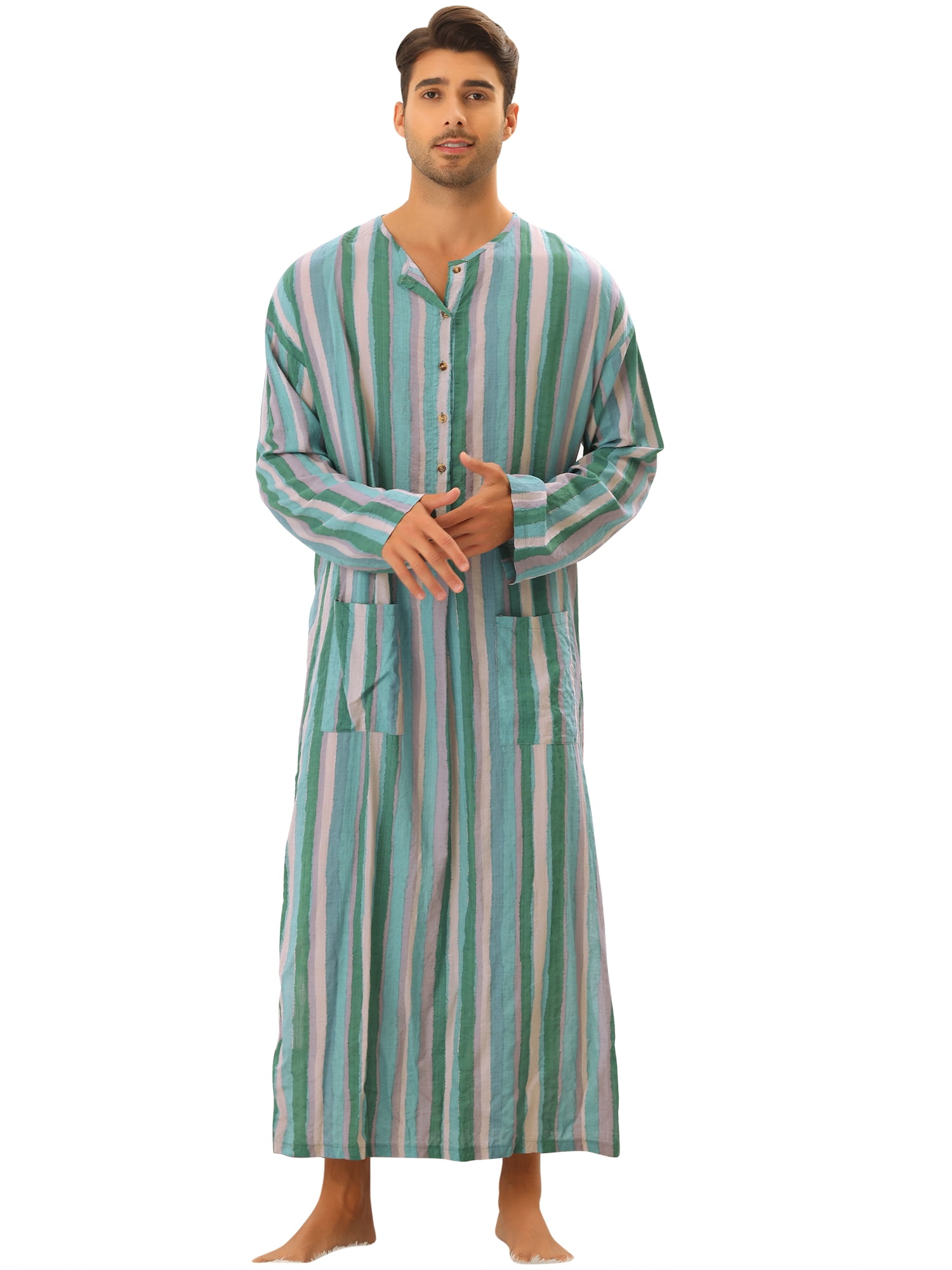 Unique Bargains Men's Striped Nightshirt Long Sleeves Button Nightgown Henley Shirts XL Green