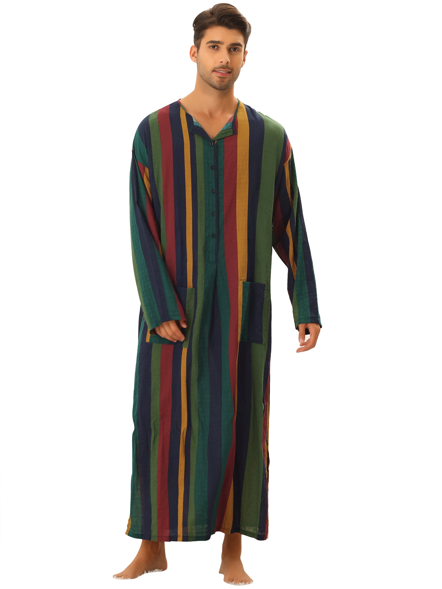 Unique Bargains Men's Striped Nightshirt Long Sleeves Button Nightgown Henley Shirts XL Multicolor