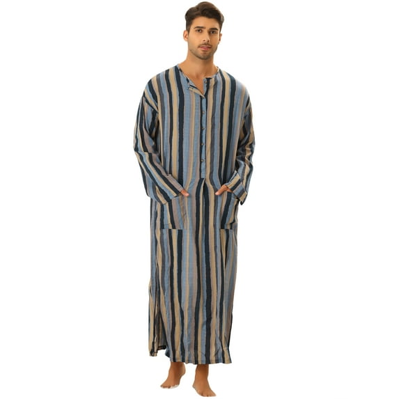 Unique Bargains Men's Striped Nightshirt Long Sleeves Button Sleep Shirts Henley Nightgown L Navy Gray