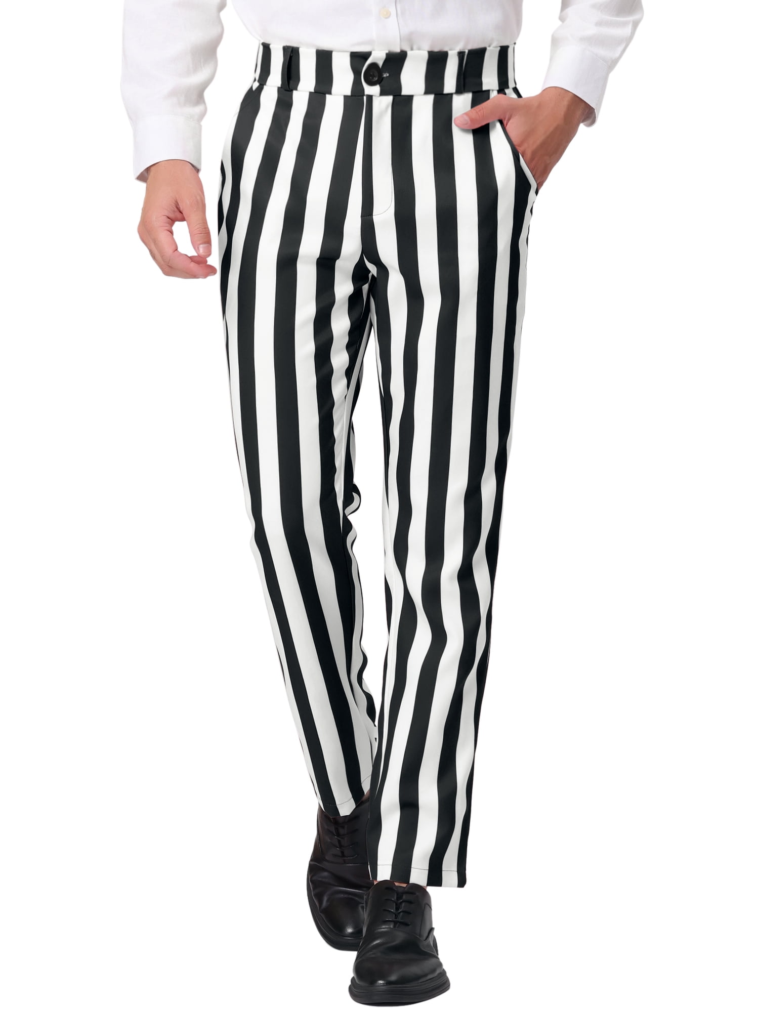 Unique Bargains Men's Striped Pant Classic Fit Flat Front Business Trousers 30 Black White