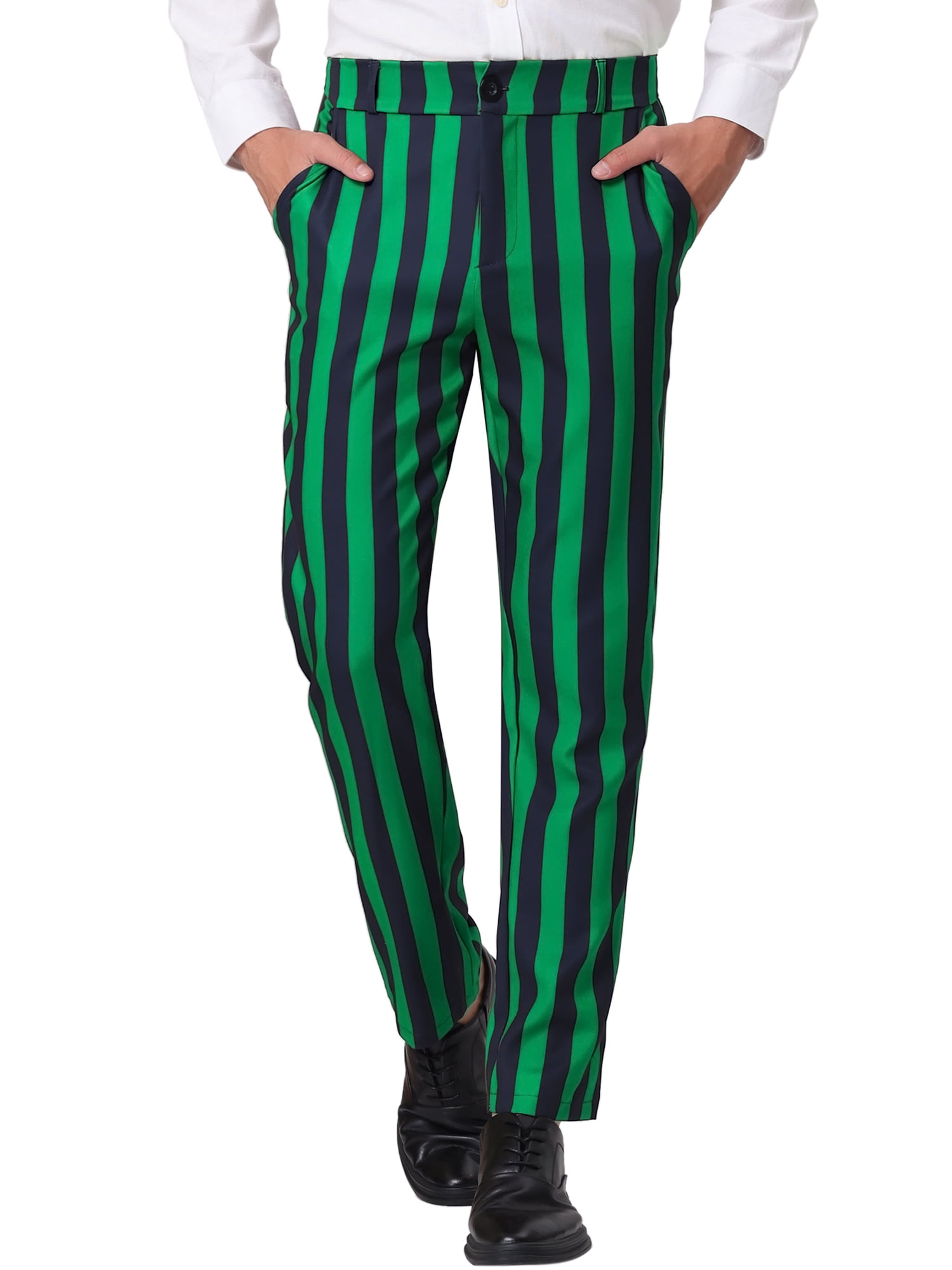 Unique Bargains Men's Striped Pant Classic Fit Flat Front Business Trousers 30 Green Black