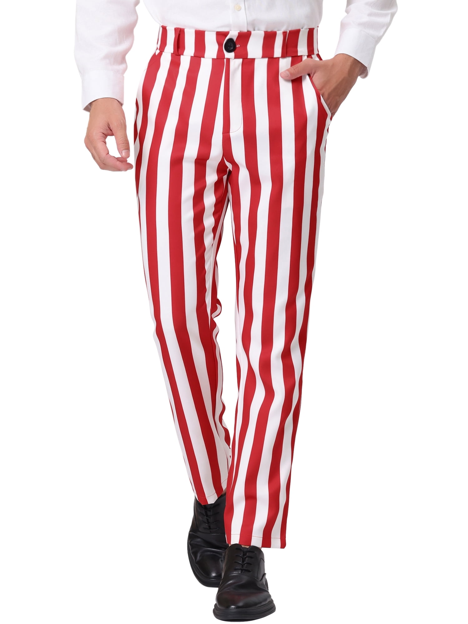 Unique Bargains Men's Striped Pant Classic Fit Flat Front Business Trousers 32 Red White
