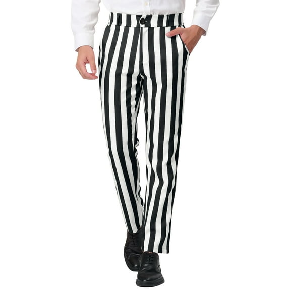 Unique Bargains Men's Striped Pant Classic Fit Flat Front Business Trousers 34 Black White
