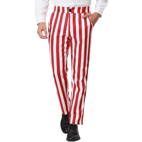 Unique Bargains Men's Striped Pant Classic Fit Flat Front Business Trousers 38 Red White