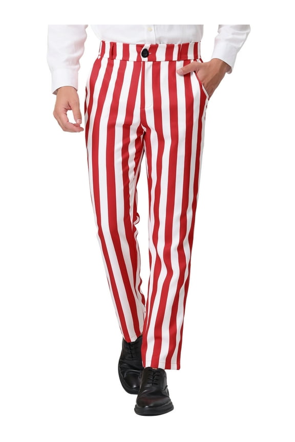 Men's Striped Pant Classic Fit Flat Front Business Trousers 38 Red White