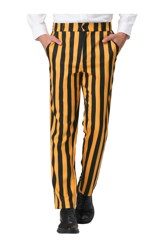Men's Striped Pants Business Skinny Fit Color Block Trousers 28 Yellow Black