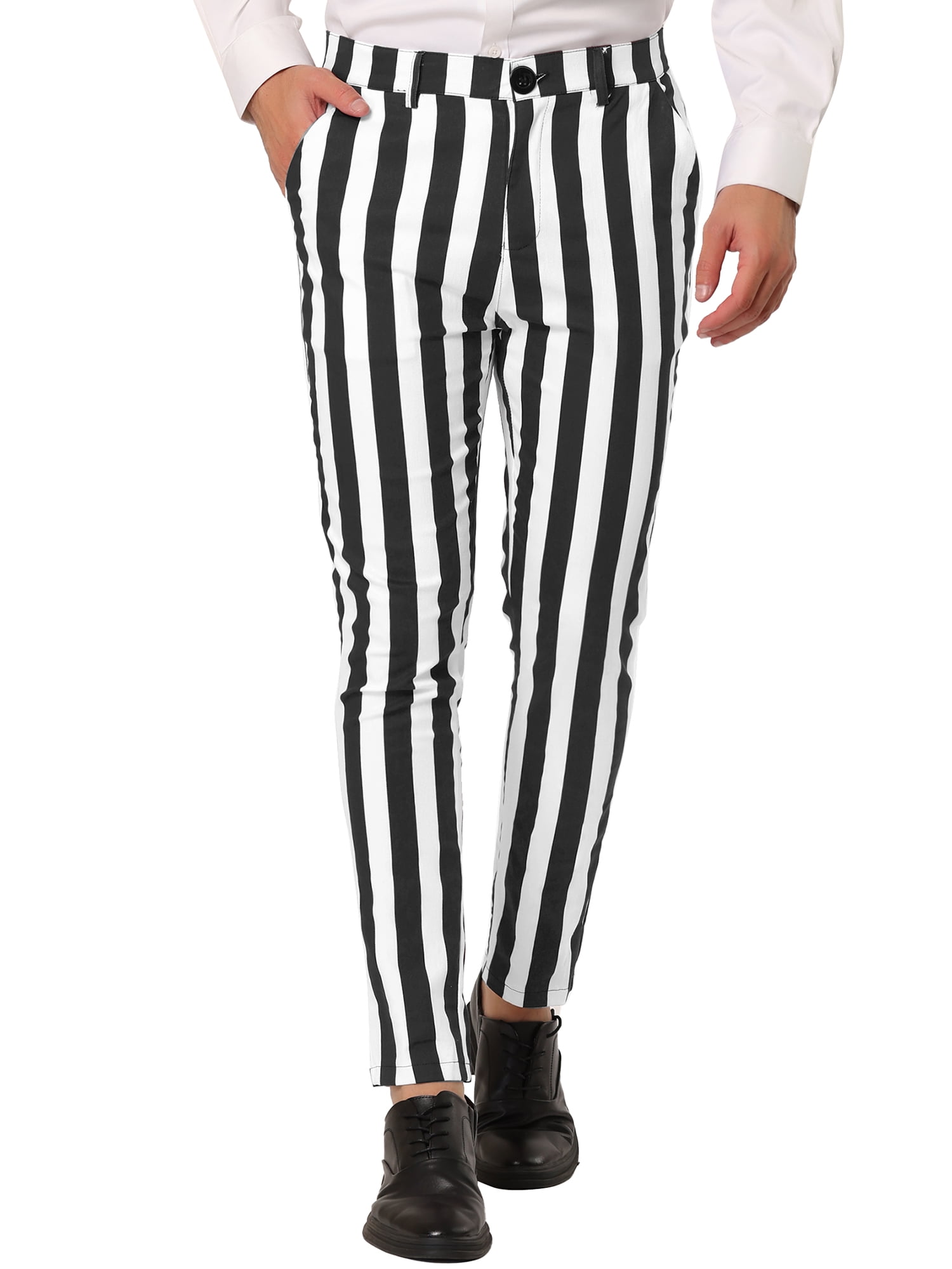 Unique Bargains Men's Striped Pants Business Skinny Fit Color Block Trousers 30 Black White