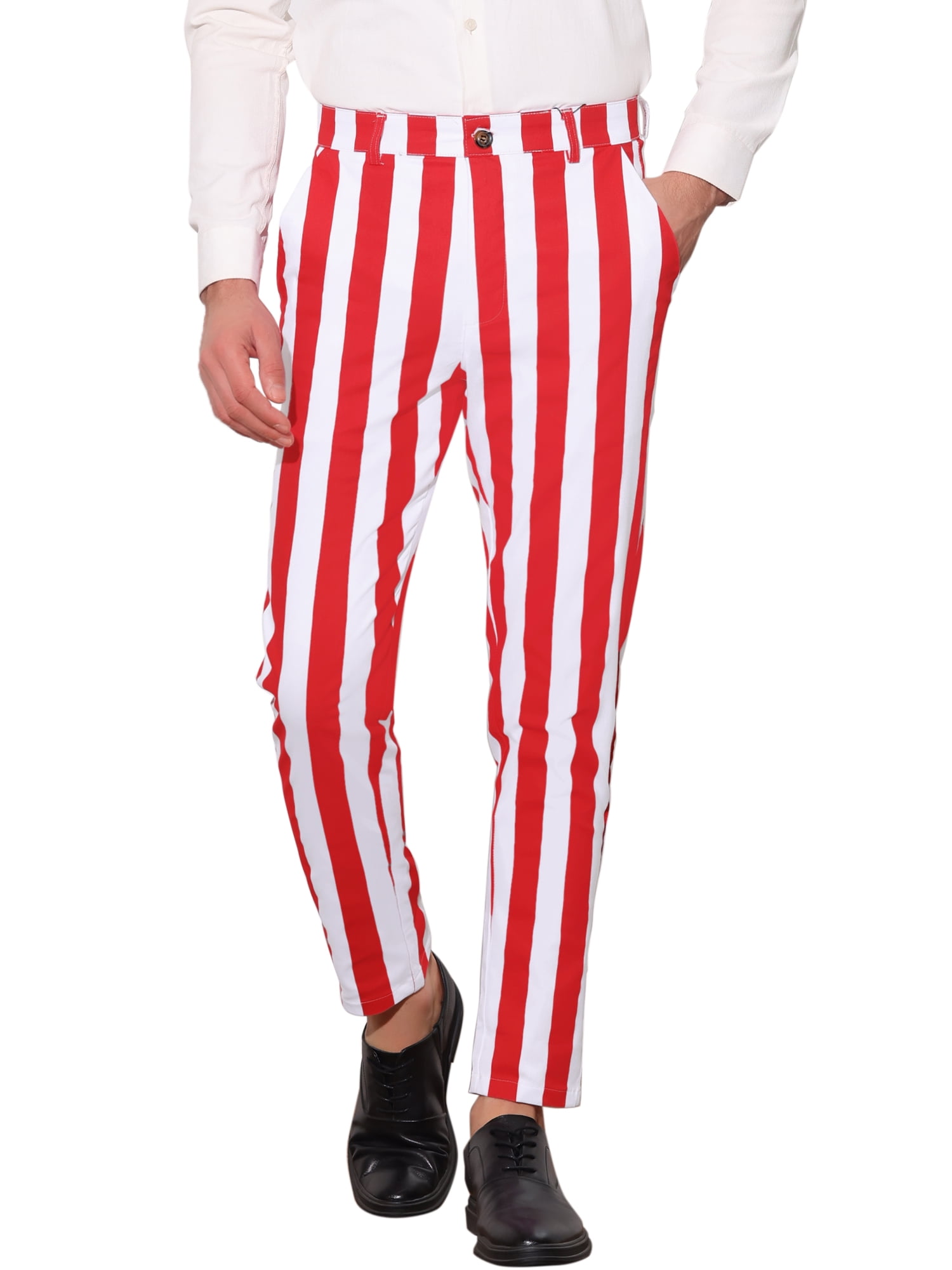 Unique Bargains Men's Striped Pants Business Skinny Fit Color Block Trousers 32 Red White