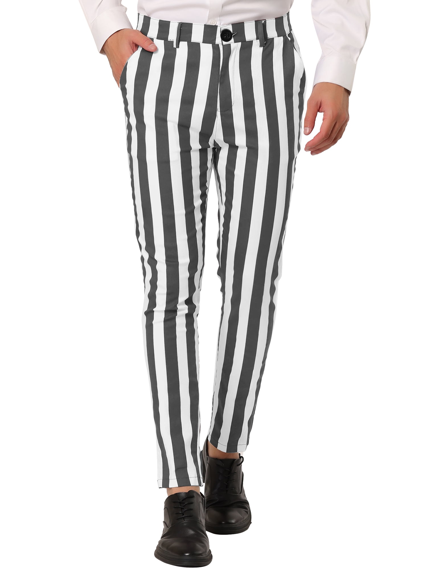 Unique Bargains Men's Striped Pants Business Skinny Fit Color Block Trousers 34 Gray White