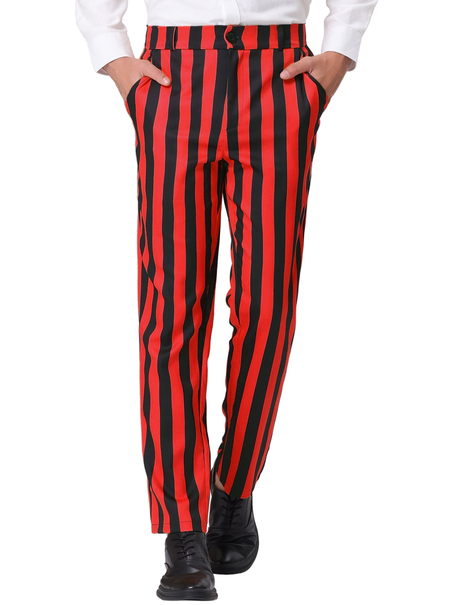 Unique Bargains Men's Striped Pants Business Skinny Fit Color Block Trousers 34 Red Black
