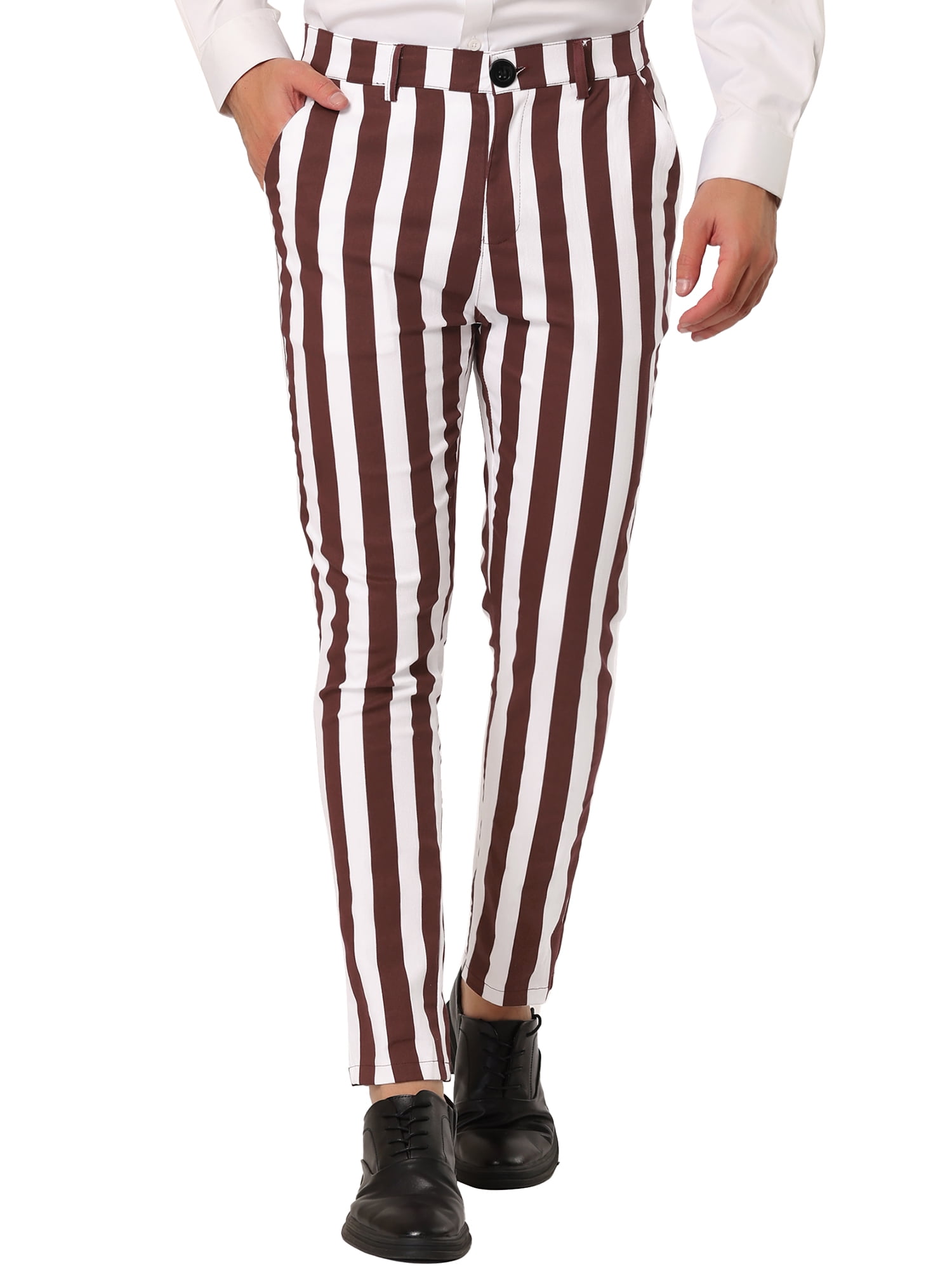 DARING DIVA Men's Striped Formal Skinny Fit and Button Zipper Pants 38 Brown White