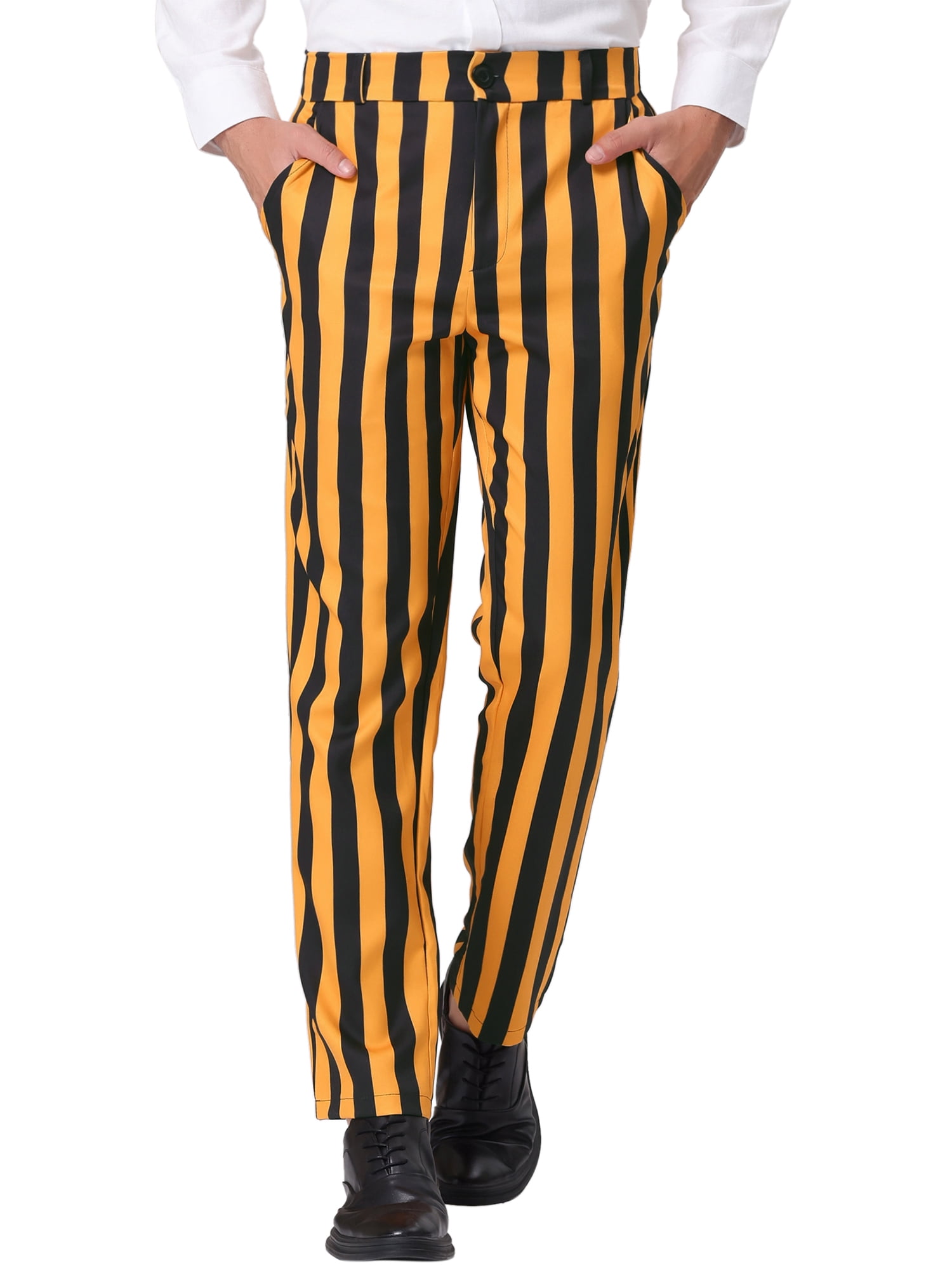 Unique Bargains Men's Striped Pants Business Skinny Fit Color Block Trousers 38 Yellow Black