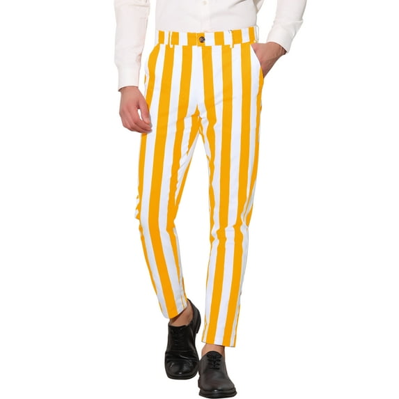 Unique Bargains Men's Striped Pants Business Skinny Fit Color Block Trousers 38 Yellow White