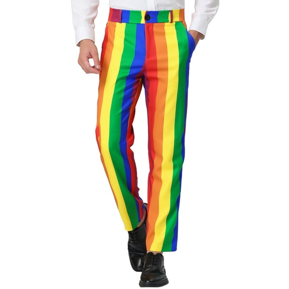 Unique Bargains Men's Striped Pants Business Skinny Fit Color Block Trousers 30 Multicolor