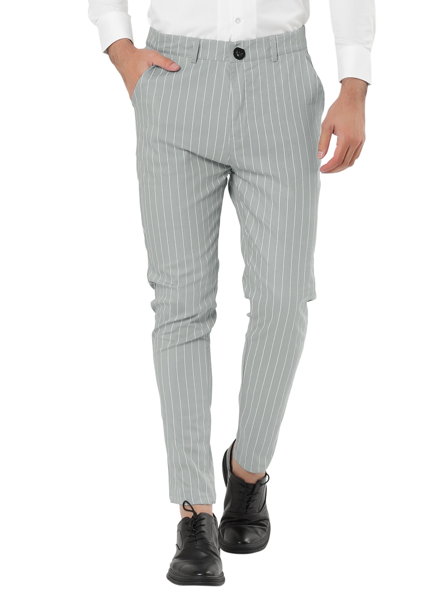 Unique Bargains Men's Striped Pants Slim Fit Flat Front Business Dress Trousers 34 Gray