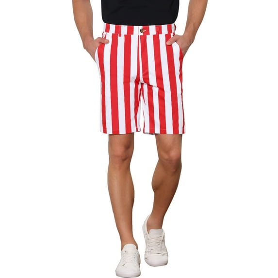 Unique Bargains Men's Striped Shorts Summer Regular Fit Business Flat Front Shorts 28 Red